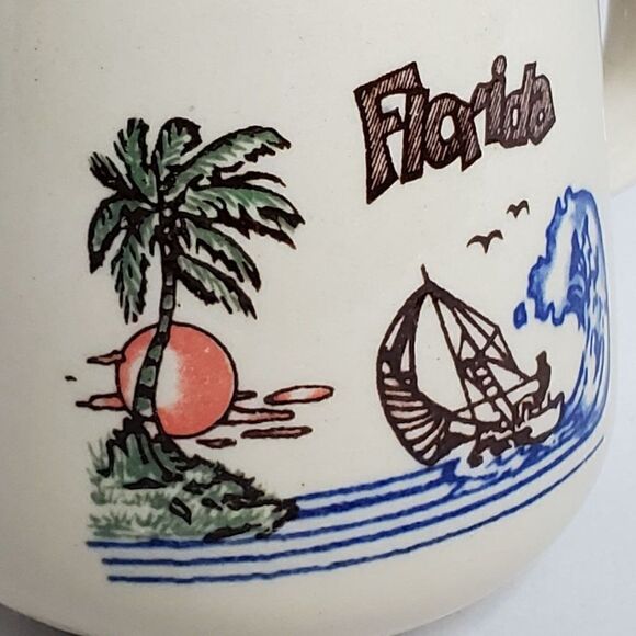 Vintage Florida Dinghy Sailing Ceramic Coffee Mug Palm Tree Sun Set Big Wave - Picture 2 of 6